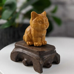 Wooden hand carved cat statue figurine sitting chonky fat ginger orange kitty